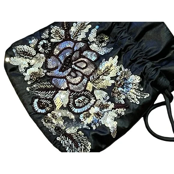 Vintage Jessica McClintock Black Floral Sequin Beaded Evening Formal Bag Purse - Picture 3 of 10